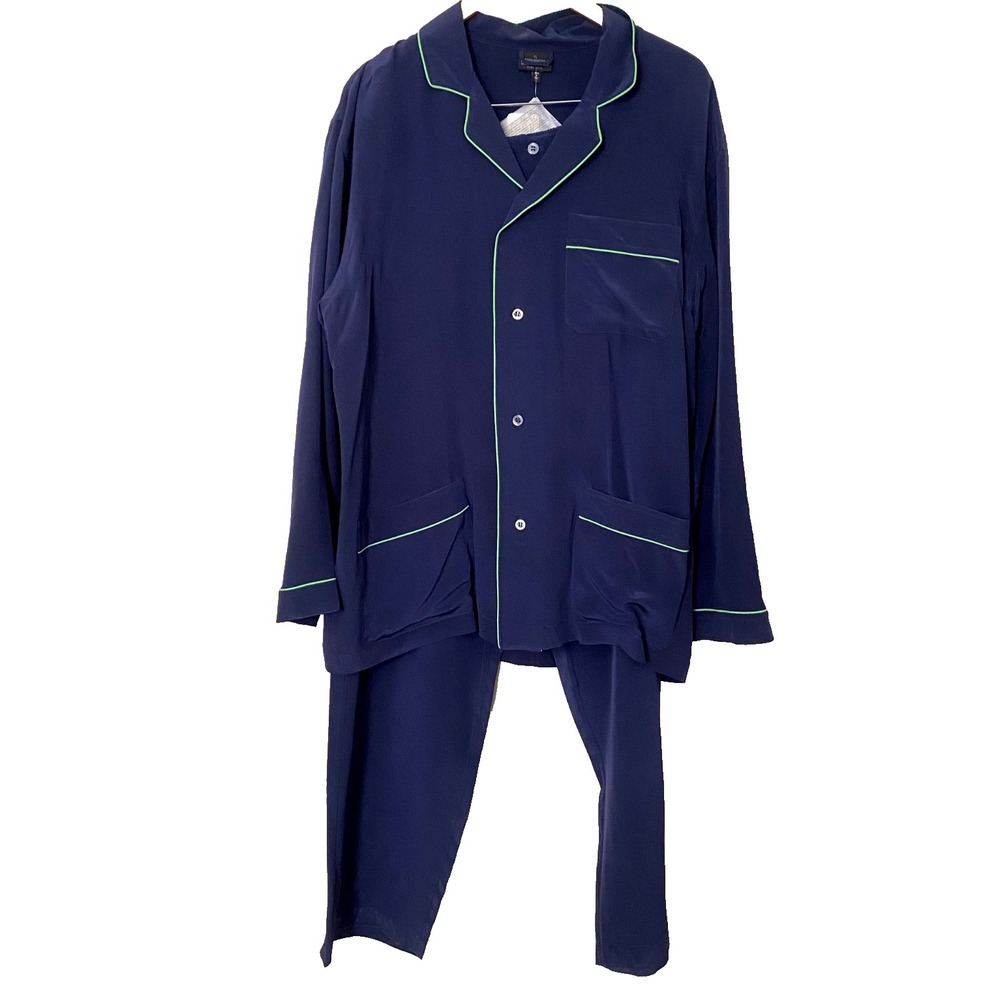 NWT Vtg GRIGIO PERLA Men's Luxury SILK Pajama Set XL Navy Blue Lounge PJ"S Italy